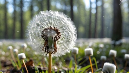 Aufkleber - Close-up of Dandelion Seed Head with Blurred Forest Background and Copy Space for Text