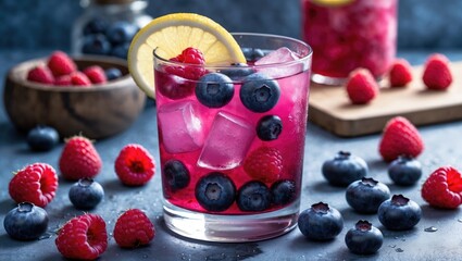 Aufkleber - Fresh berry cocktail with blueberries and raspberries in glass with ice and lemon slice on dark wooden table background Copy Space