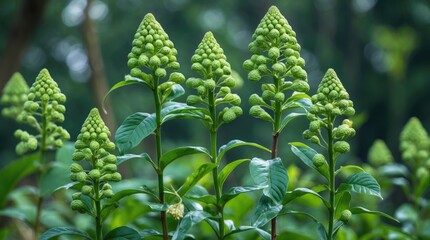 Aufkleber - Green flowering plants with elongated buds surrounded by lush green leaves in a natural outdoor setting with blurred background. Copy Space