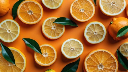 Aufkleber - Sliced lemons and oranges arranged artistically on orange background with green leaves for vibrant food composition Copy Space