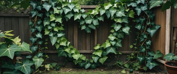 Poster - Ivy plants arranged in heart shape against a wooden fence with greenery in the foreground and a potted plant on the side Copy Space