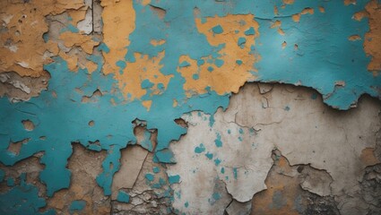 Aufkleber - Textured background of peeling paint in blue and orange tones on a weathered wall with concrete surface Copy Space