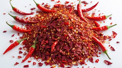 Poster - Dried red chili flakes and whole red chilies arranged on white background with ample copy space for text insertion