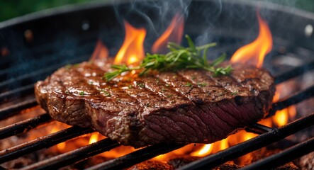 Poster - Grilled beef steak with flames and herbs on barbecue grill with smoke and copy space for text