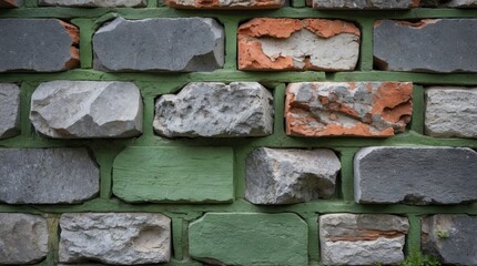 Aufkleber - Textured brick wall with various colors and shapes of stones including grey, orange, and green hues with visible mortar joints Copy Space