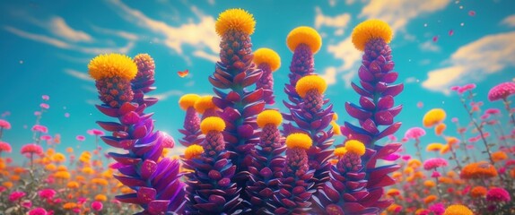 Poster - Vibrant field of colorful flowers with purple and yellow blossoms under a bright blue sky with clouds and small butterflies Copy Space