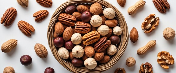 Aufkleber - Assorted nuts in a wicker basket surrounded by various types of nuts on a white background Copy Space