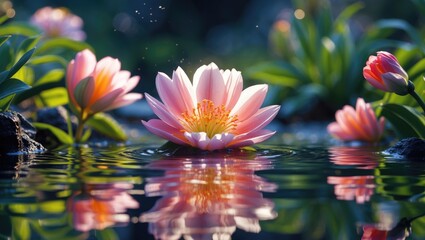 Poster - Water lilies blooming on tranquil water surface with reflections and green foliage, nature scene with vibrant colors and soft lighting. Copy Space
