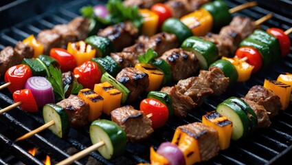 Poster - Grilled skewers with meat and vegetables on barbecue grill with flames visible and vibrant colors of ingredients, Copy Space