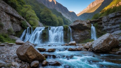 Poster - Waterfall cascading over rocks in a serene landscape surrounded by lush green trees and mountains with clear blue sky Copy Space