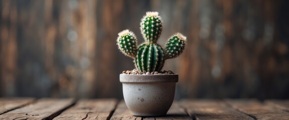 Aufkleber - Cactus plant in a textured pot on rustic wooden table with blurred background and natural lighting Copy Space