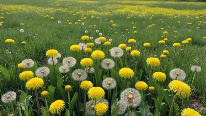 Poster - Field of yellow dandelions with fluffy white seed heads in lush green grass natural landscape Copy Space