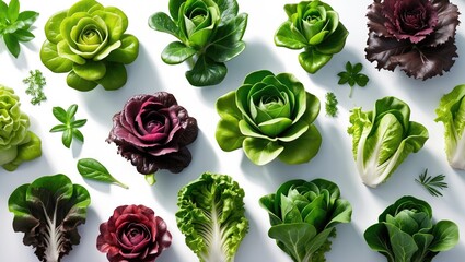 Aufkleber - Variety of Fresh Green Lettuces and Herbs on White Background with Copy Space for Text