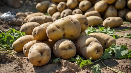 Poster - Freshly harvested potatoes on soil with green leaves in a rural farming environment showcasing natural produce and agriculture scene