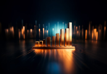 Poster - Abstract golden bars ascend on a reflective plane against a dark backdrop with blurred lights, illustrating growth and advancement.