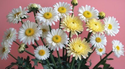 Fototapete - Bouquet of white and yellow daisies against a pink background with vibrant colors and fresh greenery Copy Space