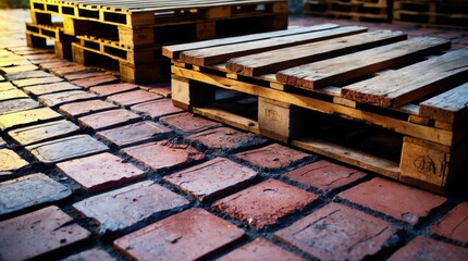 Aufkleber - Wooden pallets on brick floor with warm lighting shadows creating texture and depth Copy Space