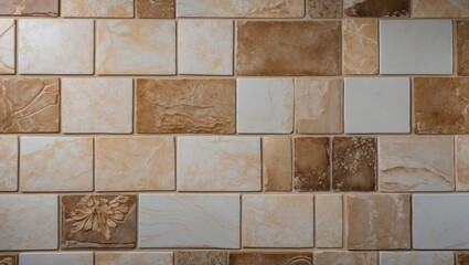 Aufkleber - Textured ceramic wall tiles in beige and brown shades arranged in a pattern with uneven surfaces and natural stone appearance Copy Space