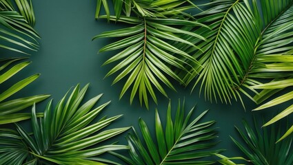 Aufkleber - Tropical green palm leaves arranged on dark green background with natural light and shadows Copy Space