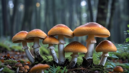 Poster - Mushrooms with orange caps growing on the forest floor surrounded by lush greenery and soft light filtering through trees