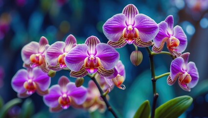 Aufkleber - Vibrant pink orchids in full bloom with intricate patterns on petals against a blurred natural background Copy Space
