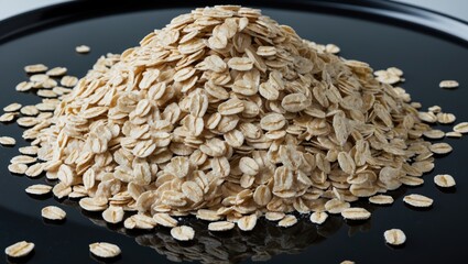 Aufkleber - Piled raw rolled oats on a black surface with scattered oats around the mound and copy space available for text.