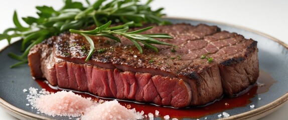 Aufkleber - Juicy grilled steak served on a dark plate with fresh herbs and pink salt for garnish Copy Space