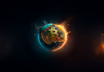 Aufkleber - Golden bitcoin symbol on a stylized globe, surrounded by fiery orange and cool blue light effects. Digital currency and global finance concept.