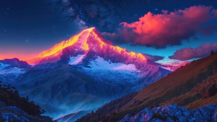 Poster - Majestic mountain range at sunset with vibrant colors and dramatic clouds under starry sky landscape with copy space