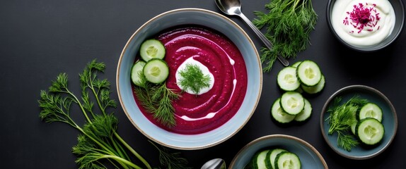 Aufkleber - Beetroot soup garnished with cream, fresh dill, and cucumber slices presented on a dark background with additional cucumber and yogurt on the side.