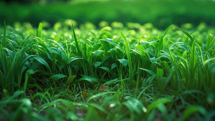 Aufkleber - Lush green grass field with vibrant blades and soft bokeh background depicting a natural serene landscape Copy Space