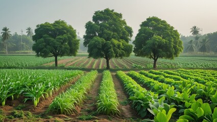 Poster - Lush agricultural field with rows of green crops and three tall trees in a rural landscape during early morning light Copy Space