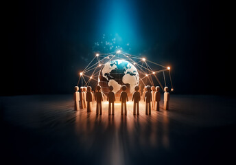Aufkleber - Global network concept. Figurines circle a glowing globe with light beams and connected nodes. Represents worldwide connection and community.