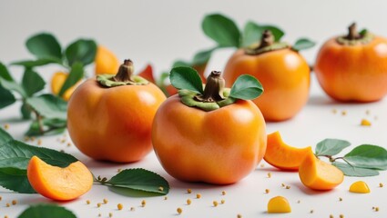 Aufkleber - Persimmons with green leaves arranged on white background with scattered fruit slices and seeds Copy Space