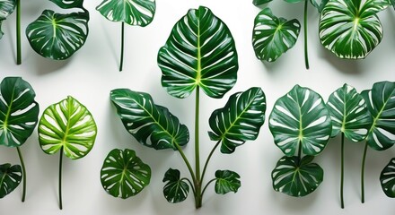 Aufkleber - Various tropical leaves arranged on a wall with a neutral background showcasing different shapes and patterns Copy Space