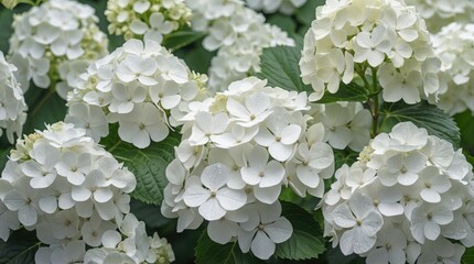 Fototapete - White hydrangea flowers in full bloom with lush green leaves background suitable for nature and floral compositions Copy Space