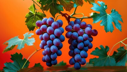 Aufkleber - Purple grapes on vine with green leaves against orange background Copy Space
