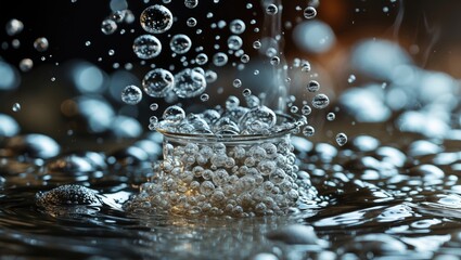 Aufkleber - Bubbles in water splashing around a glass container creating a dynamic fluid motion with reflections and ripples Copy Space