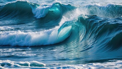 Poster - High-quality close-up of ocean waves with dynamic water movement and vibrant turquoise colors suitable for backgrounds or nature themes Copy Space