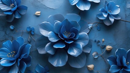 Aufkleber - Blue floral arrangement with large and small artificial flowers on textured blue background with Copy Space