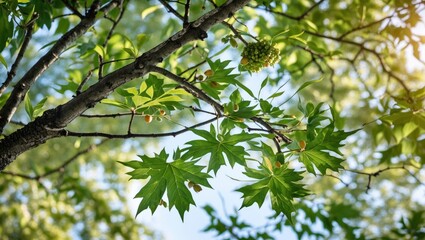 Aufkleber - Green maple tree leaves with small fruits and sunlight filtering through branches in a natural setting Copy Space