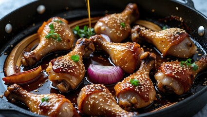 Poster - Baked chicken drumsticks with sesame seeds and onions in soy sauce marinade served in a black skillet with Copy Space