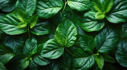 Poster - Close-up of vibrant green leaves with varying shapes and textures arranged in a natural pattern suitable for background or design use Copy Space