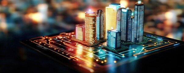 Poster - Futuristic Cityscape with Digital Elements and Illuminated Skyscrapers Representing Urban Technology Integration
