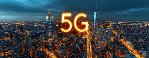Leinwandbilder - Urban Skyline at Dusk with Illuminated 5G Signal Over New York City Architecture and Night Life Vibe