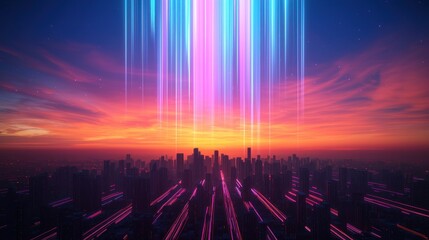 Poster - Futuristic Cityscape with Vibrant Light Beams and Colorful Sky at Sunset
