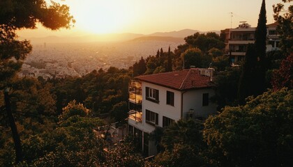 Wall Mural - Athens home at sunset, hills, city, trees, home, travel, nature backdrop