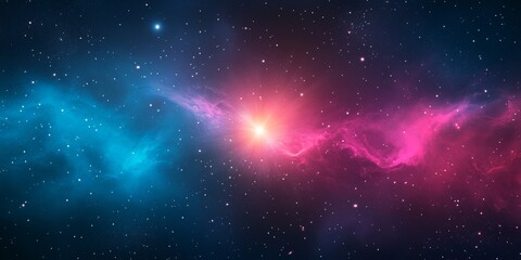Wall Mural - Creative illustration of a vibrant galaxy with a glowing starburst and colorful gas clouds in dark space