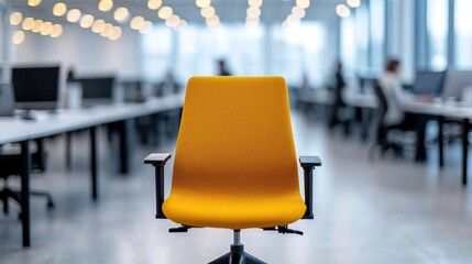 Poster - Bright Yellow Office Chair in Modern Workspace with Blurred Background of Business Professionals at Desks