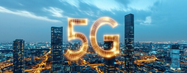 Aufkleber - Urban Cityscape at Dusk with Glowing 5G Technology Symbol and a Modern Skyline Background